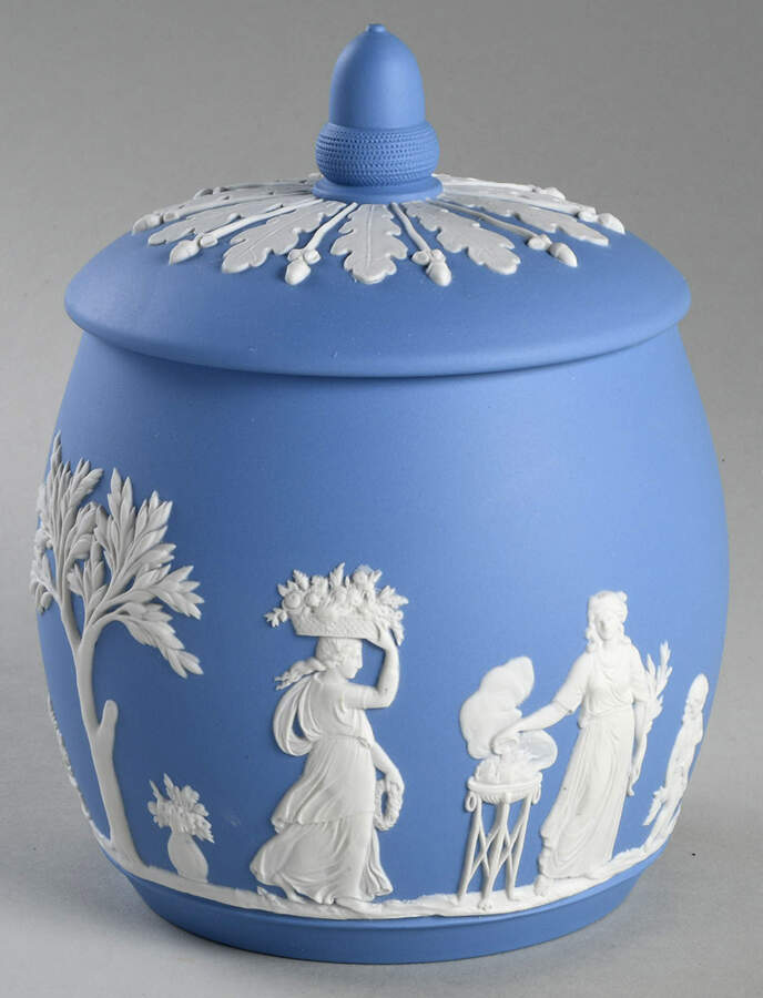 Cream Color on Lavender (Pale Blue) Jasperware Candy Jar & Lid by Wedgwood-1