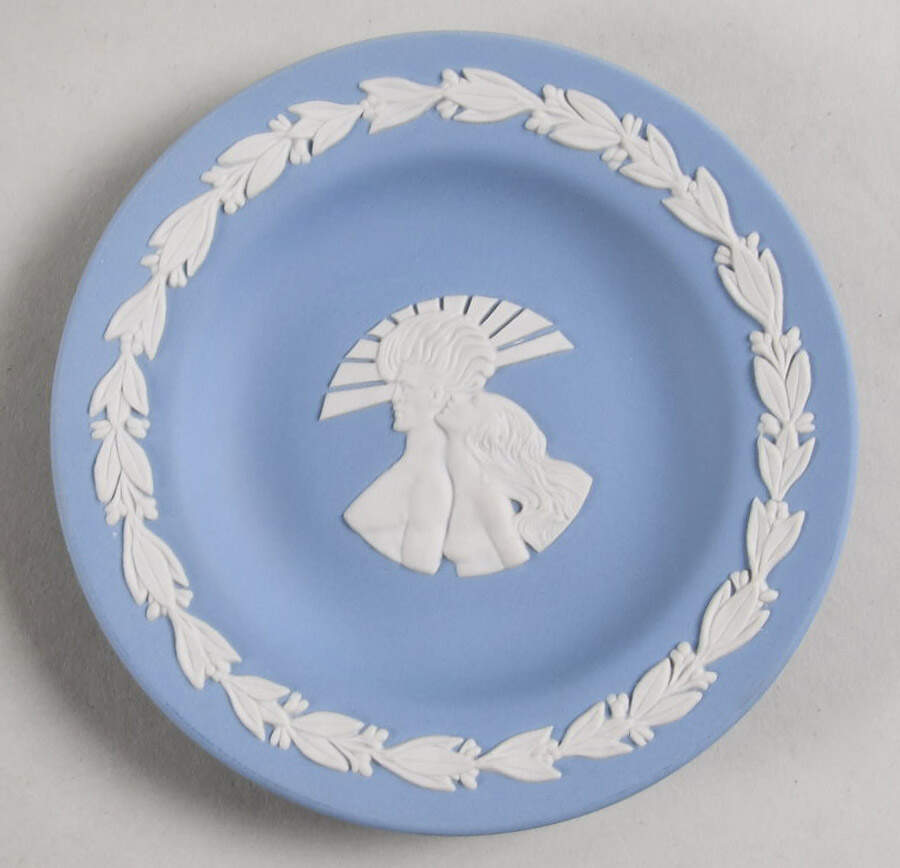 Cream Color on Lavender (Pale Blue) Jasperware 4" Round Tray by Wedgwood-1