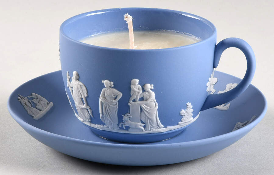 Cream Color on Lavender (Pale Blue) Jasperware Scented Cup & Saucer Candle-Vanilla  HC by Wedgwood-1