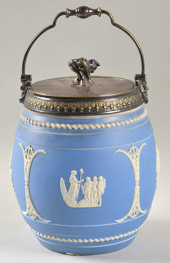 Cream Color on Lavender (Pale Blue) Jasperware Biscuit Barrel & Lid by Wedgwood-1
