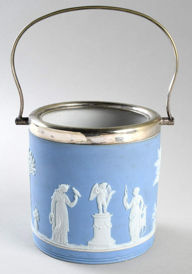 Cream Color on Lavender (Pale Blue) Jasperware Biscuit Barrel No Lid by Wedgwood-1