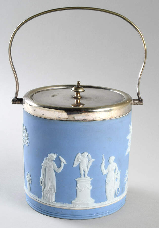 Cream Color on Lavender (Pale Blue) Jasperware Biscuit Barrel & Lid by Wedgwood-1