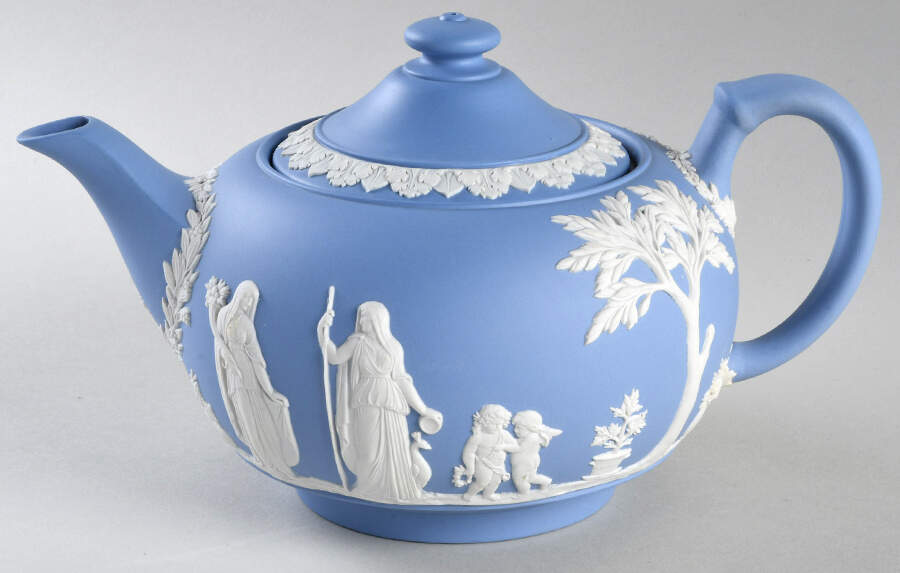 Cream Color on Lavender (Pale Blue) Jasperware Teapot & Lid by Wedgwood-1