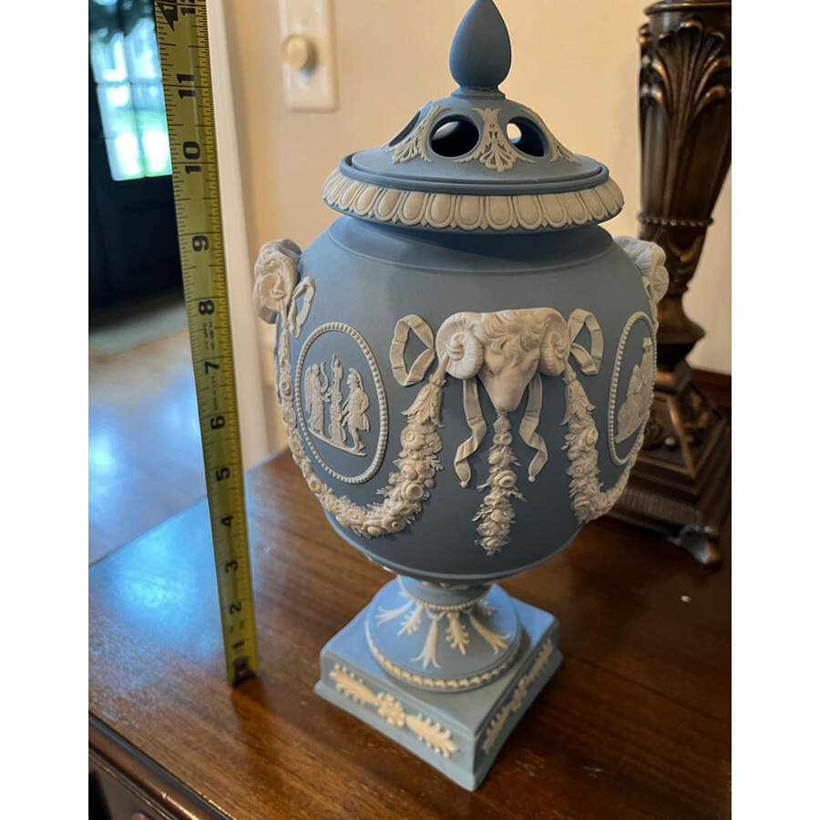 Cream Color on Lavender (Pale Blue) Jasperware 12" Urn with Lid by Wedgwood-1