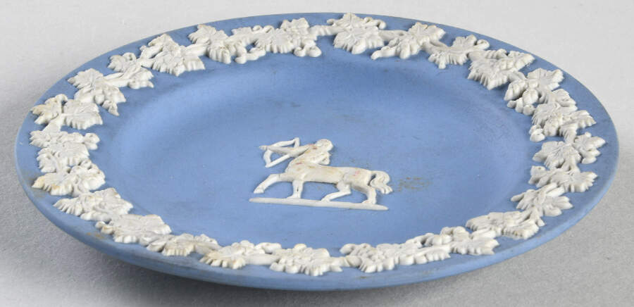 Cream Color on Lavender (Pale Blue) Jasperware 4" Zodiac Sagitarius Round Tray by Wedgwood-1