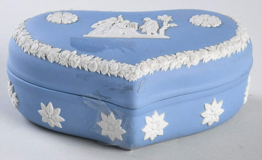 Cream Color on Lavender (Pale Blue) Jasperware 5" Heart Shape Box & Lid by Wedgwood-1