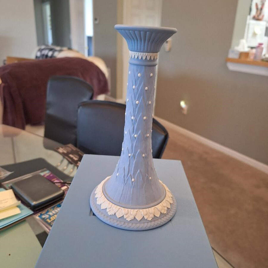 Cream Color on Lavender (Pale Blue) Jasperware 8" Tall Candlestick by Wedgwood-1