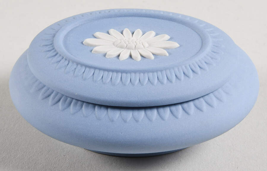 Cream Color on Lavender (Pale Blue) Jasperware 3" Oval Box with Lid by Wedgwood-1