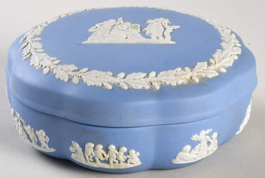 Cream Color on Lavender (Pale Blue) Jasperware Large Scalloped Candy Box & Lid by Wedgwood-1