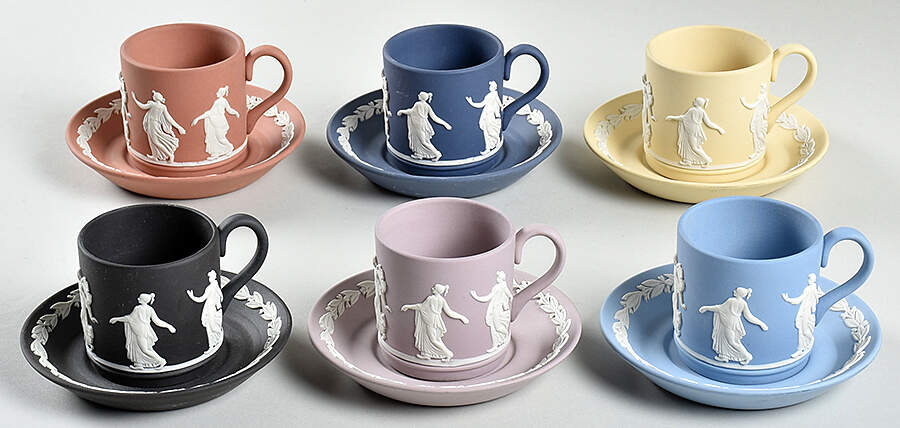 Cream Color on Lavender (Pale Blue) Jasperware Flat Jasperware Demi Cup & Saucers - Set of 6 Boxed by Wedgwood-1