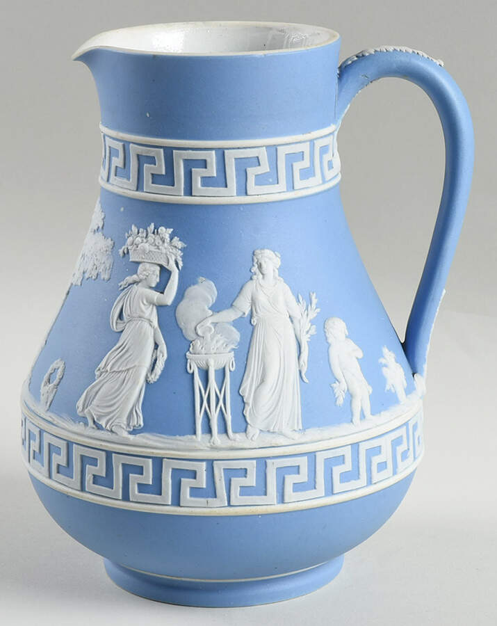 Cream Color on Lavender (Pale Blue) Jasperware 6" Etruscan Jug by Wedgwood-1