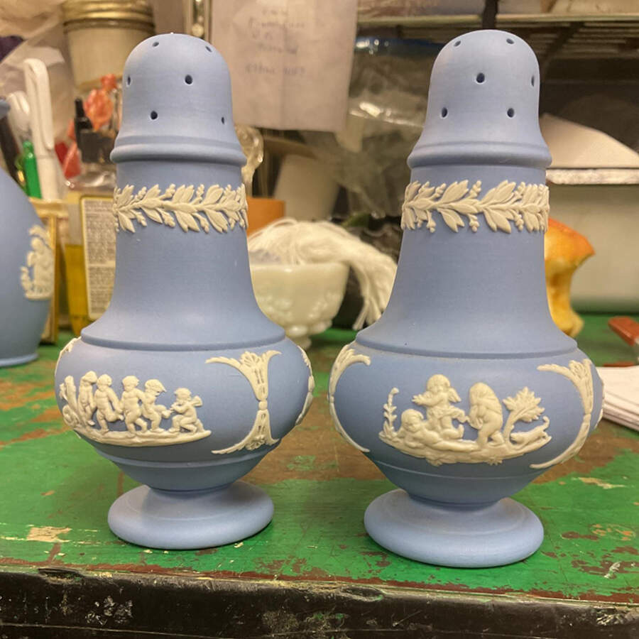 Cream Color on Lavender (Pale Blue) Jasperware Salt & Pepper Set by Wedgwood-1