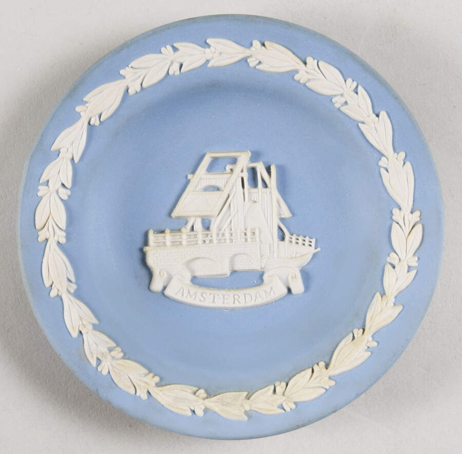 Cream Color on Lavender (Pale Blue) Jasperware Round Landmark Tray by Wedgwood-1