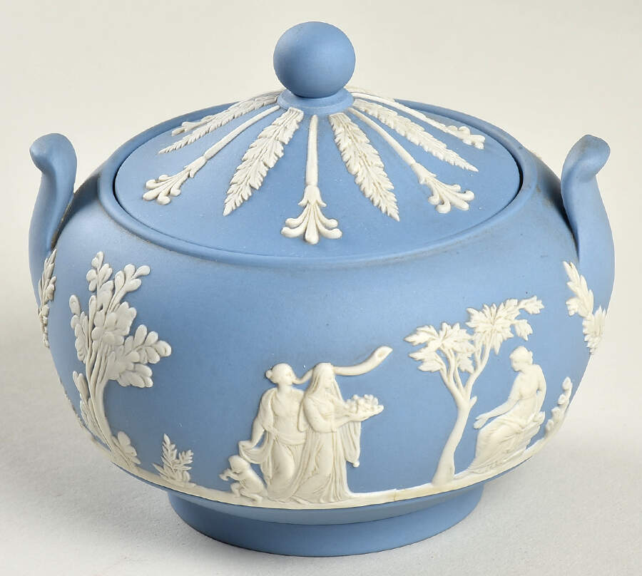 Cream Color on Lavender (Pale Blue) Jasperware Sugar Bowl & Lid by Wedgwood-1