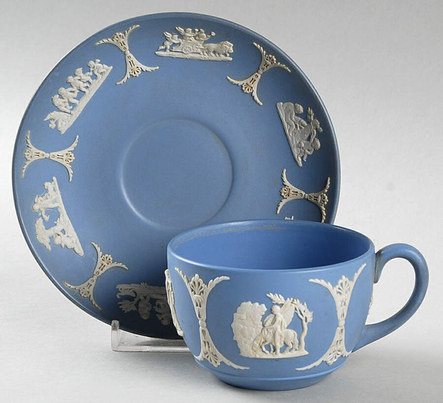 Cream Color on Lavender (Pale Blue) Jasperware Flat Cup & Saucer Set by Wedgwood-1