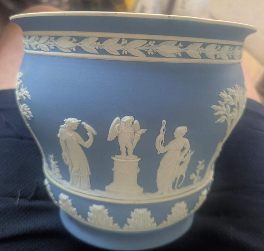 Cream Color on Lavender (Pale Blue) Jasperware 7" Jardiniere by Wedgwood-1
