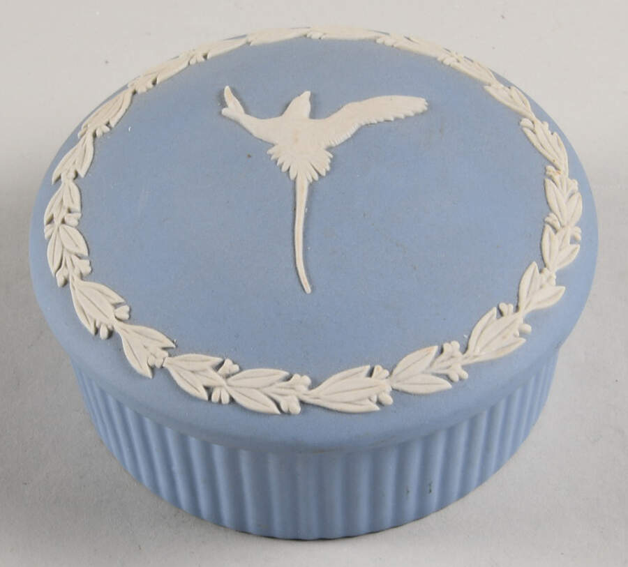 Cream Color on Lavender (Pale Blue) Jasperware 3" Fluted Round Box & Lid by Wedgwood-1