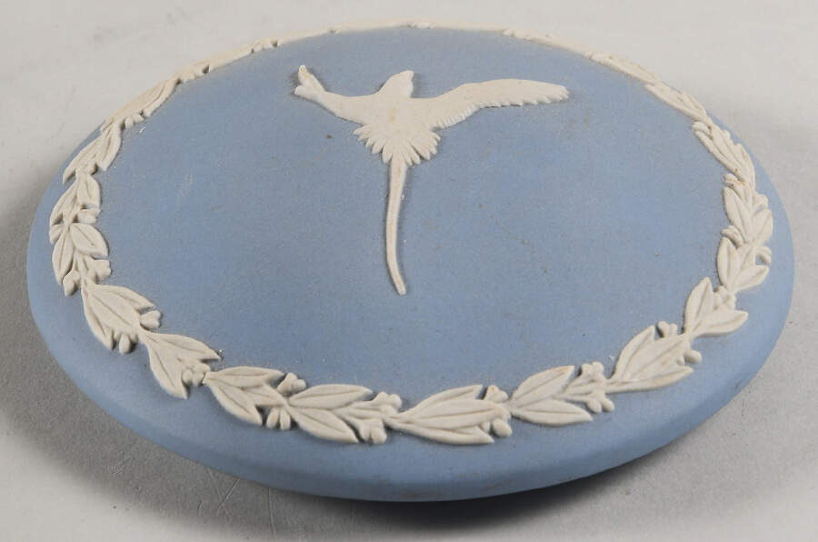 Cream Color on Lavender (Pale Blue) Jasperware 3" Round Fluted Box-Lid by Wedgwood-1