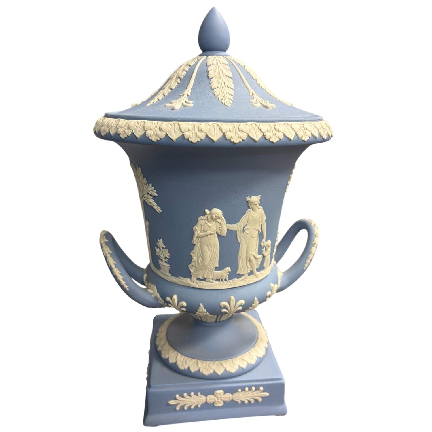 Cream Color on Lavender (Pale Blue) Jasperware Vase/Urn with Lid by Wedgwood-1