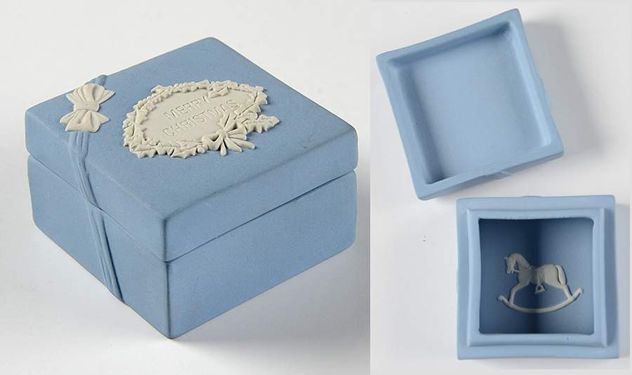 Cream Color on Lavender (Pale Blue) Jasperware Square Miniature Box by Wedgwood-1