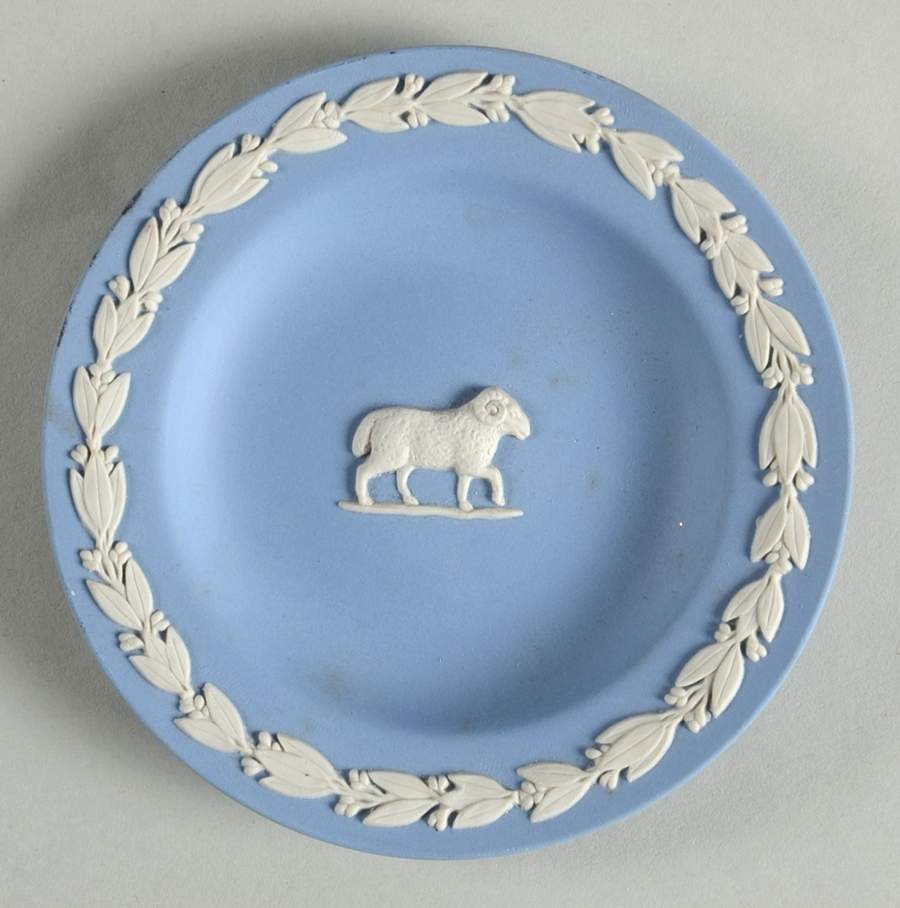 Cream Color on Lavender (Pale Blue) Jasperware 4" Zodiac Aries Round Tray by Wedgwood-1
