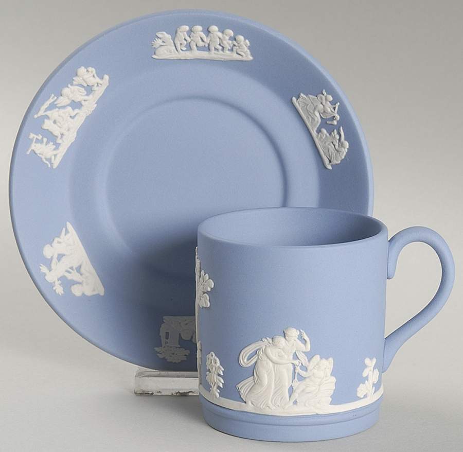 Cream Color on Lavender (Pale Blue) Jasperware Flat Demitasse Cup & Saucer Set by Wedgwood-1