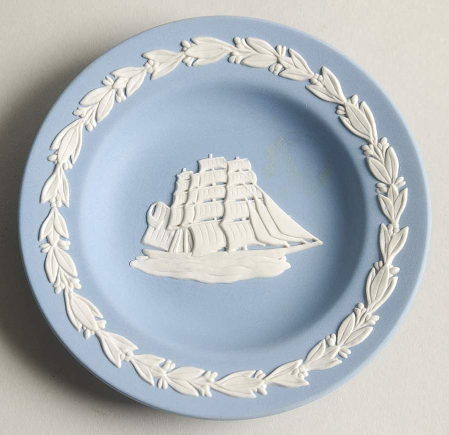 Cream Color on Lavender (Pale Blue) Jasperware 4" Round Tray by Wedgwood-1