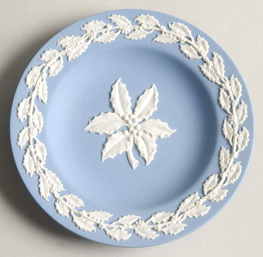 Cream Color on Lavender (Pale Blue) Jasperware 4" Round Tray by Wedgwood-1