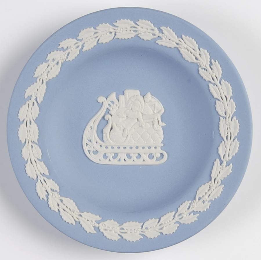 Cream Color on Lavender (Pale Blue) Jasperware 4" Round Tray by Wedgwood-1