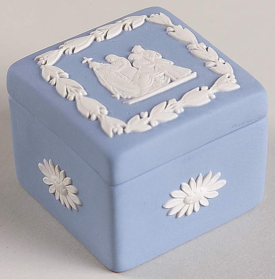 Cream Color on Lavender (Pale Blue) Jasperware Square Box with Lid by Wedgwood-1