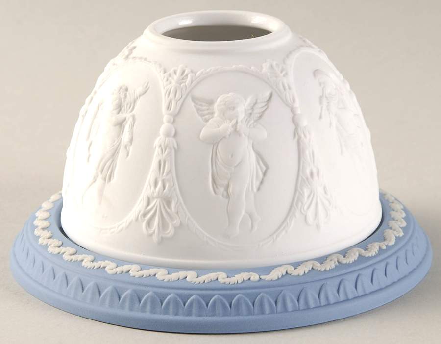 Cream Color on Lavender (Pale Blue) Jasperware Lithophane Candle Votive by Wedgwood-1