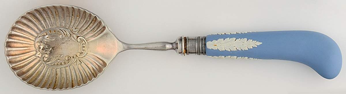 Cream Color on Lavender (Pale Blue) Jasperware Salad Serving Fork with Stainless Prongs by Wedgwood-1