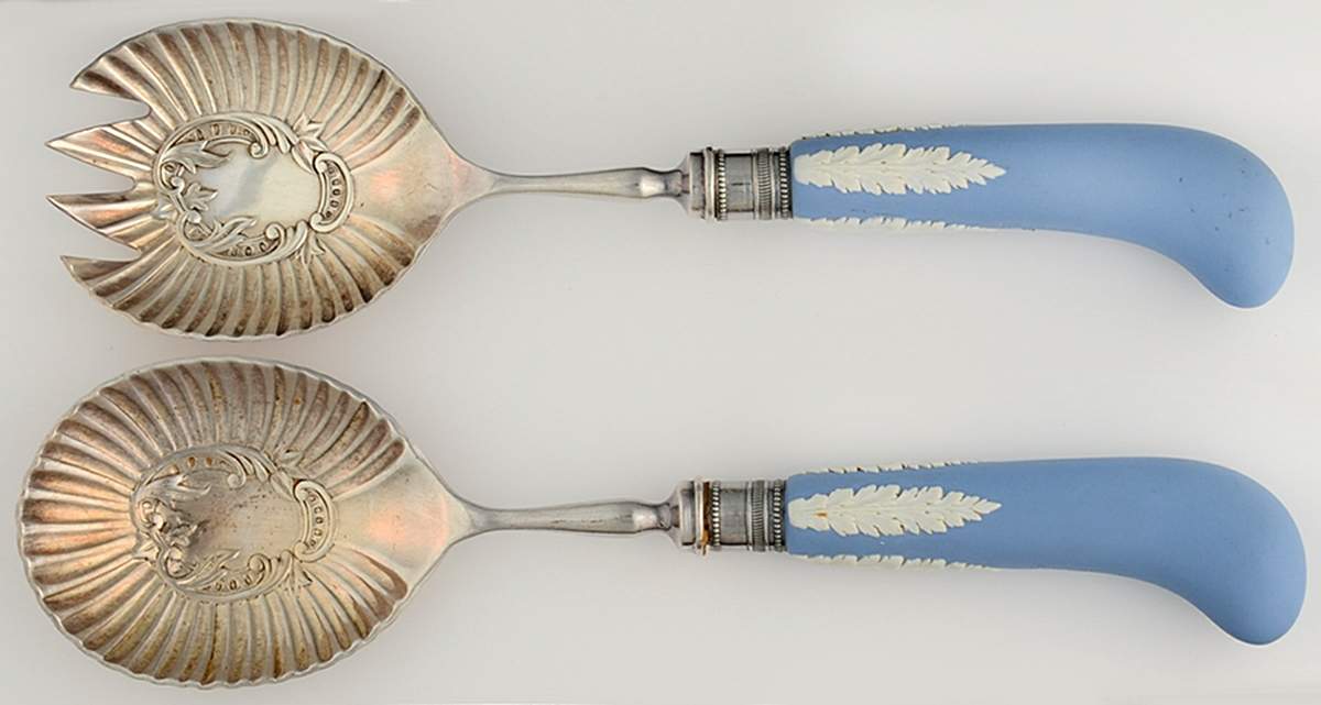 Cream Color on Lavender (Pale Blue) Jasperware (2 Piece) Salad Set with Stainless Bowl by Wedgwood-1