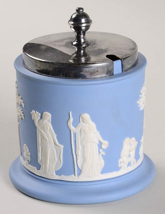 Cream Color on Lavender (Pale Blue) Jasperware Jam/Jelly & Metal Lid by Wedgwood-1