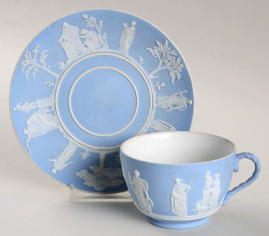 Cream Color on Lavender (Pale Blue) Jasperware Flat Cup & Saucer Set by Wedgwood-1