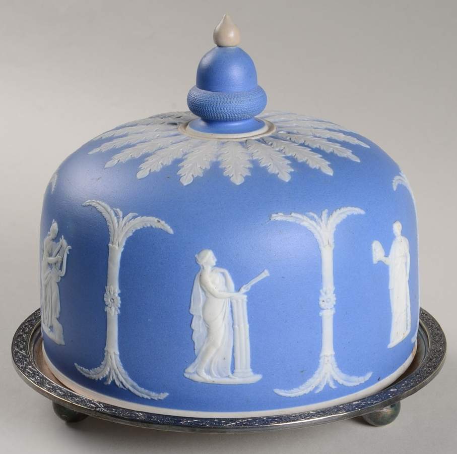 Cream Color on Lavender (Pale Blue) Jasperware Cheese Dome & Silverplate Underplate by Wedgwood-1