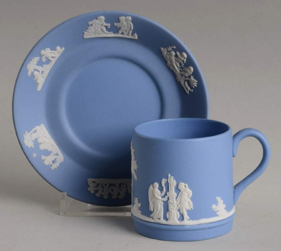 Cream Color on Lavender (Pale Blue) Jasperware Flat Demitasse Cup & Saucer Set by Wedgwood-1