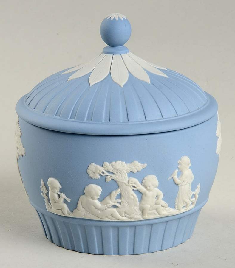 Cream Color on Lavender (Pale Blue) Jasperware Sugar Bowl & Lid by Wedgwood-1