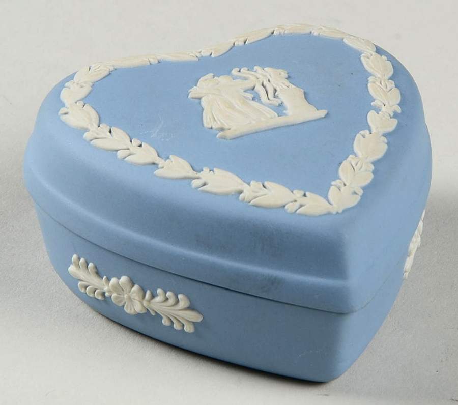 Cream Color on Lavender (Pale Blue) Jasperware 2" Heart Shape Box & Lid by Wedgwood-1