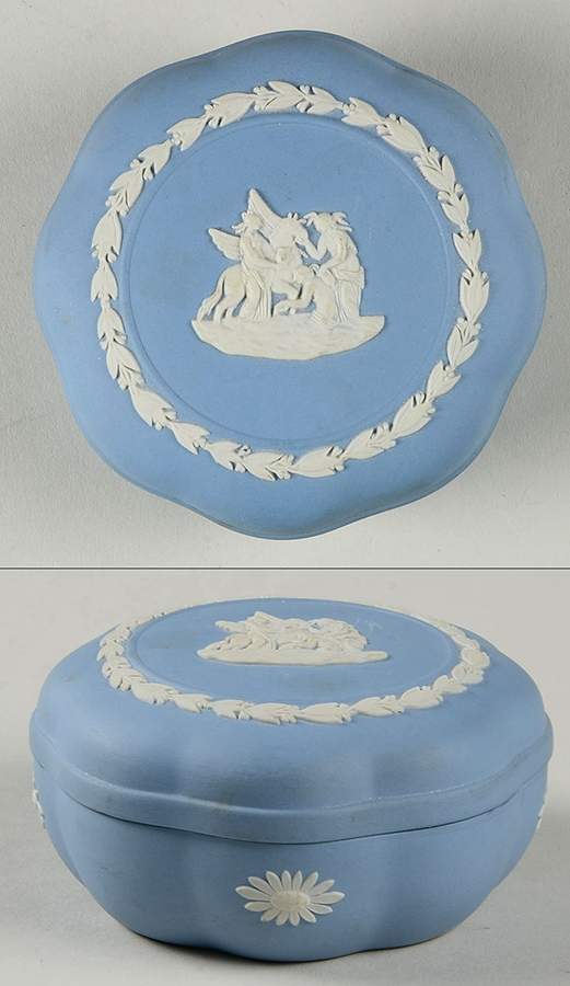 Cream Color on Lavender (Pale Blue) Jasperware Small Scalloped Candy Box by Wedgwood-1