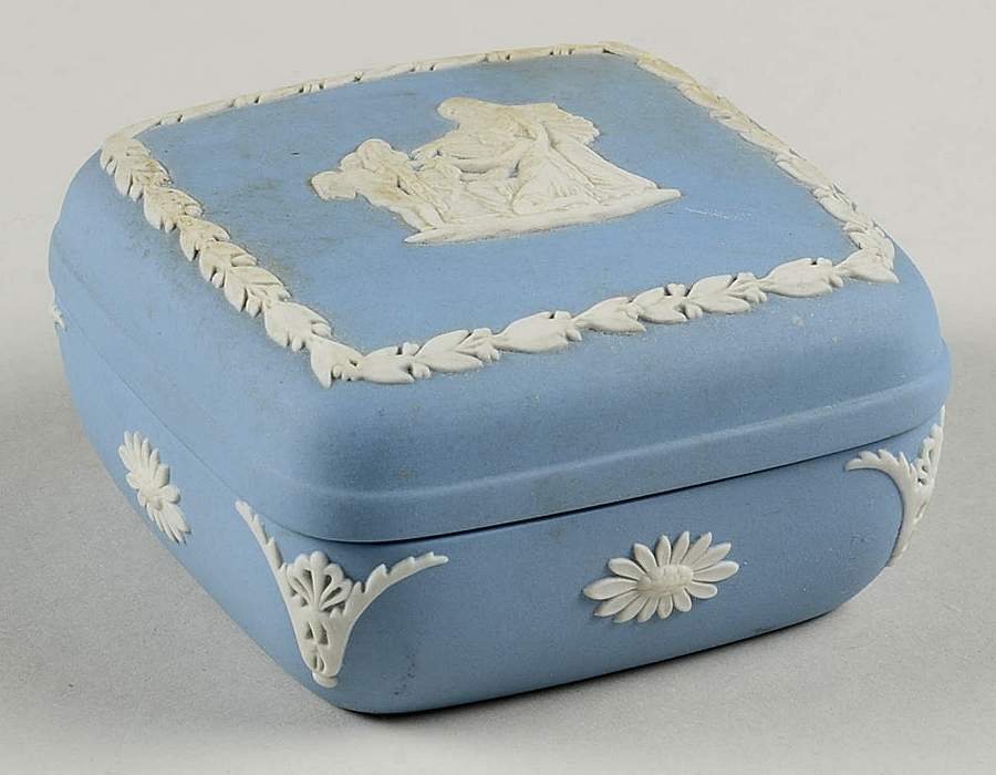 Cream Color on Lavender (Pale Blue) Jasperware Square Box & Lid by Wedgwood-1