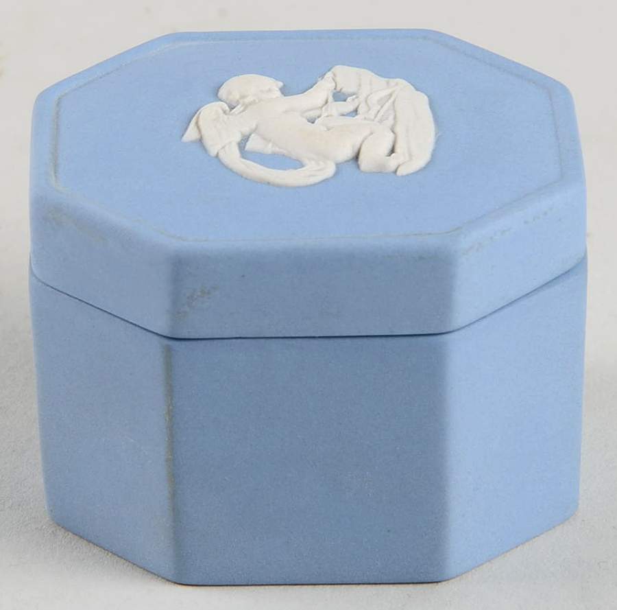 Cream Color on Lavender (Pale Blue) Jasperware Octagonal Box & Lid by Wedgwood-1