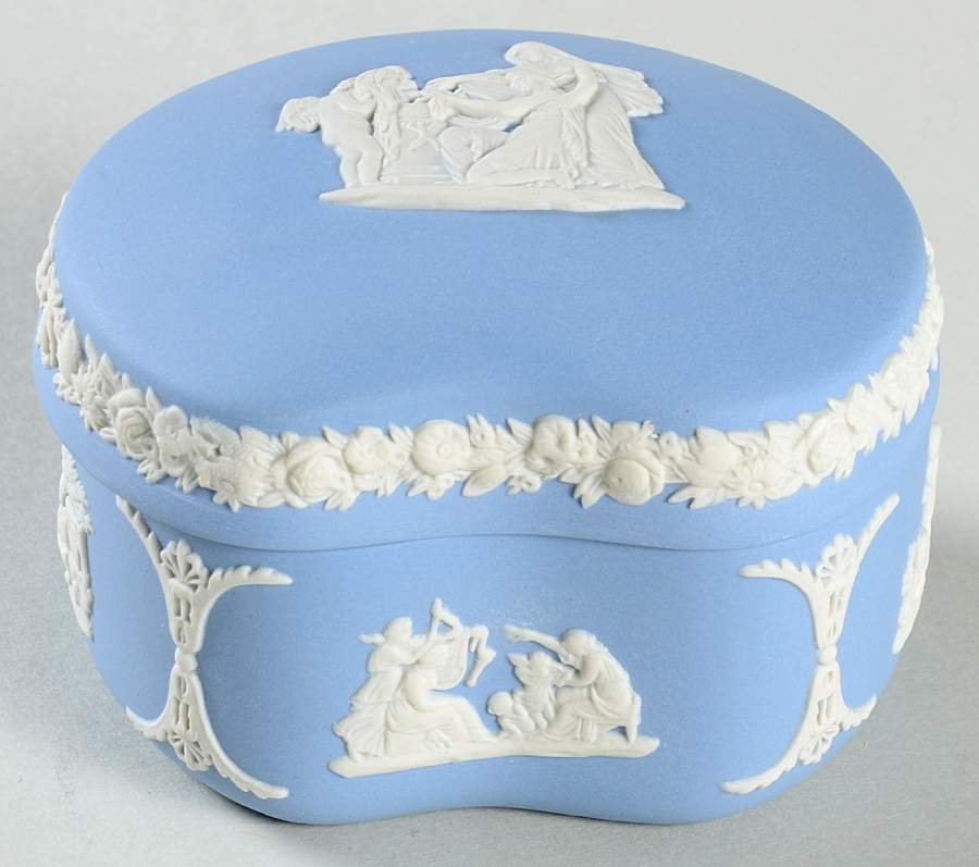 Cream Color on Lavender (Pale Blue) Jasperware Bean Box & Lid by Wedgwood-1