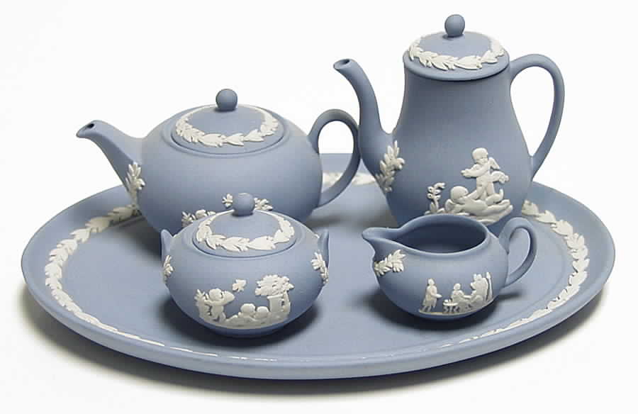 Cream Color on Lavender (Pale Blue) Jasperware (8 Pcs) Miniature Tea Set by Wedgwood-1