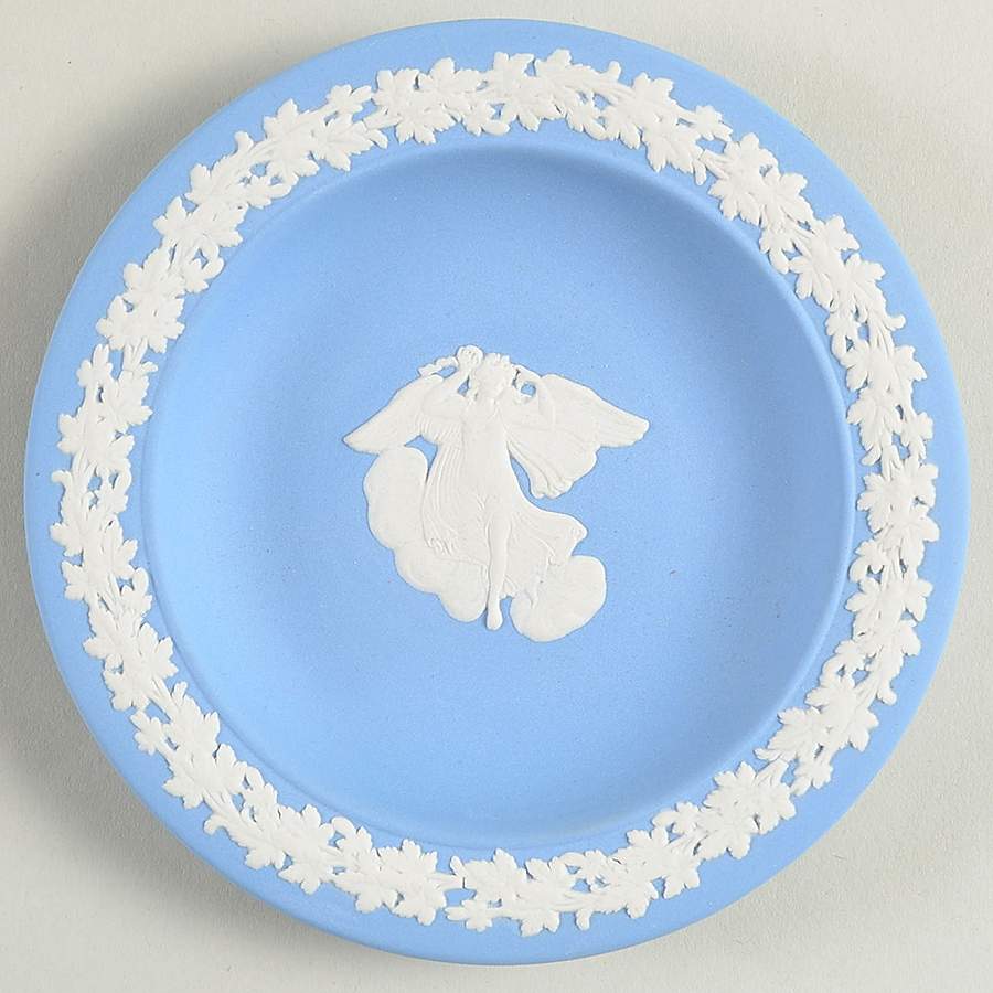Cream Color on Lavender (Pale Blue) Jasperware 4" Round Tray by Wedgwood-1