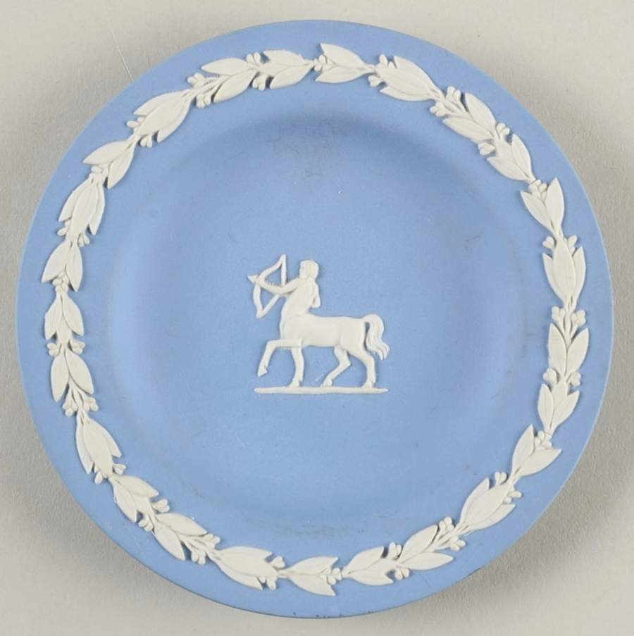 Cream Color on Lavender (Pale Blue) Jasperware 4" Zodiac Sagitarius Round Tray by Wedgwood-1