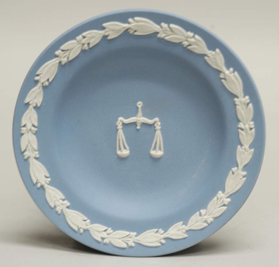 Cream Color on Lavender (Pale Blue) Jasperware 4" Zodiac Libra Round Tray by Wedgwood-1
