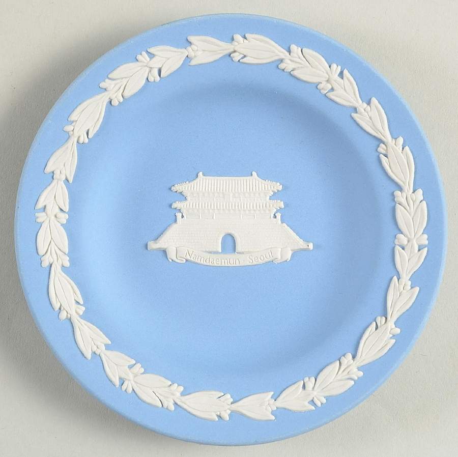 Cream Color on Lavender (Pale Blue) Jasperware 4" Round Tray by Wedgwood-1