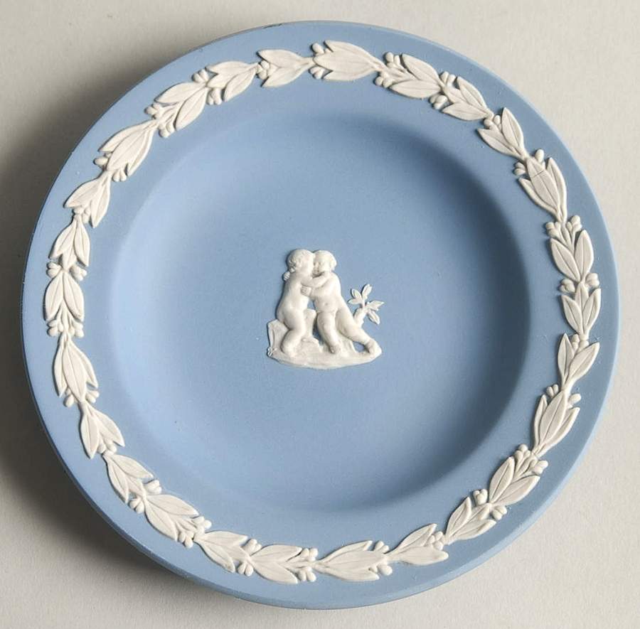 Cream Color on Lavender (Pale Blue) Jasperware 4" Zodiac Gemini Round Tray by Wedgwood-1