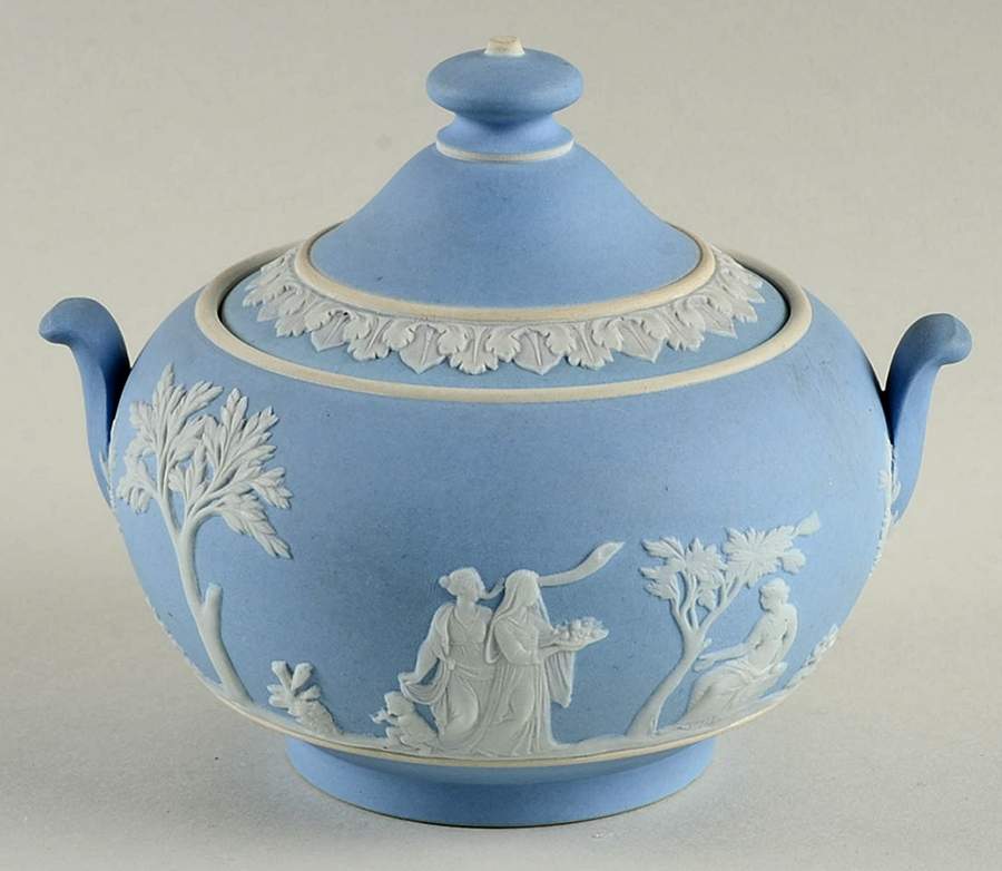 Cream Color on Lavender (Pale Blue) Jasperware Sugar Bowl & Lid by Wedgwood-1